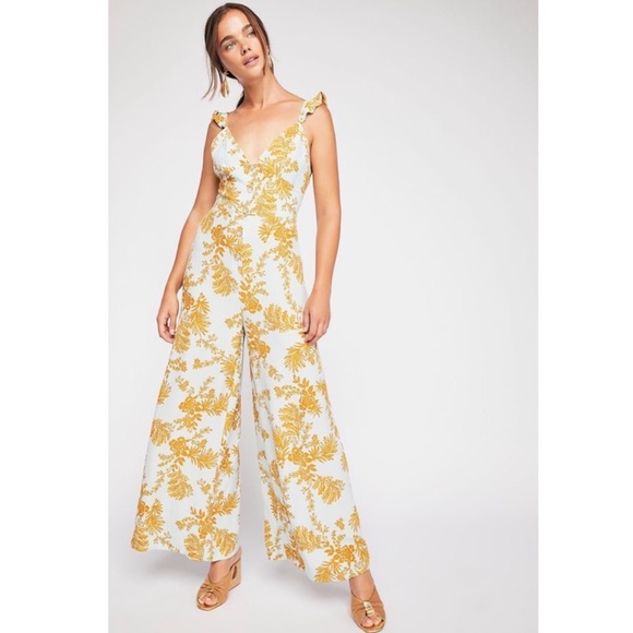Free People Pants - Free People Robins Egg Blue / Gold Jumpsuit Sz 12